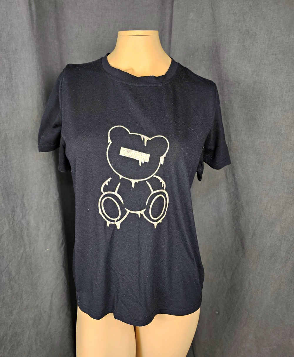 Melting Teddy Bear Graphic T Shirt Black Dripping Punk Goth Streetwear Top LARGE